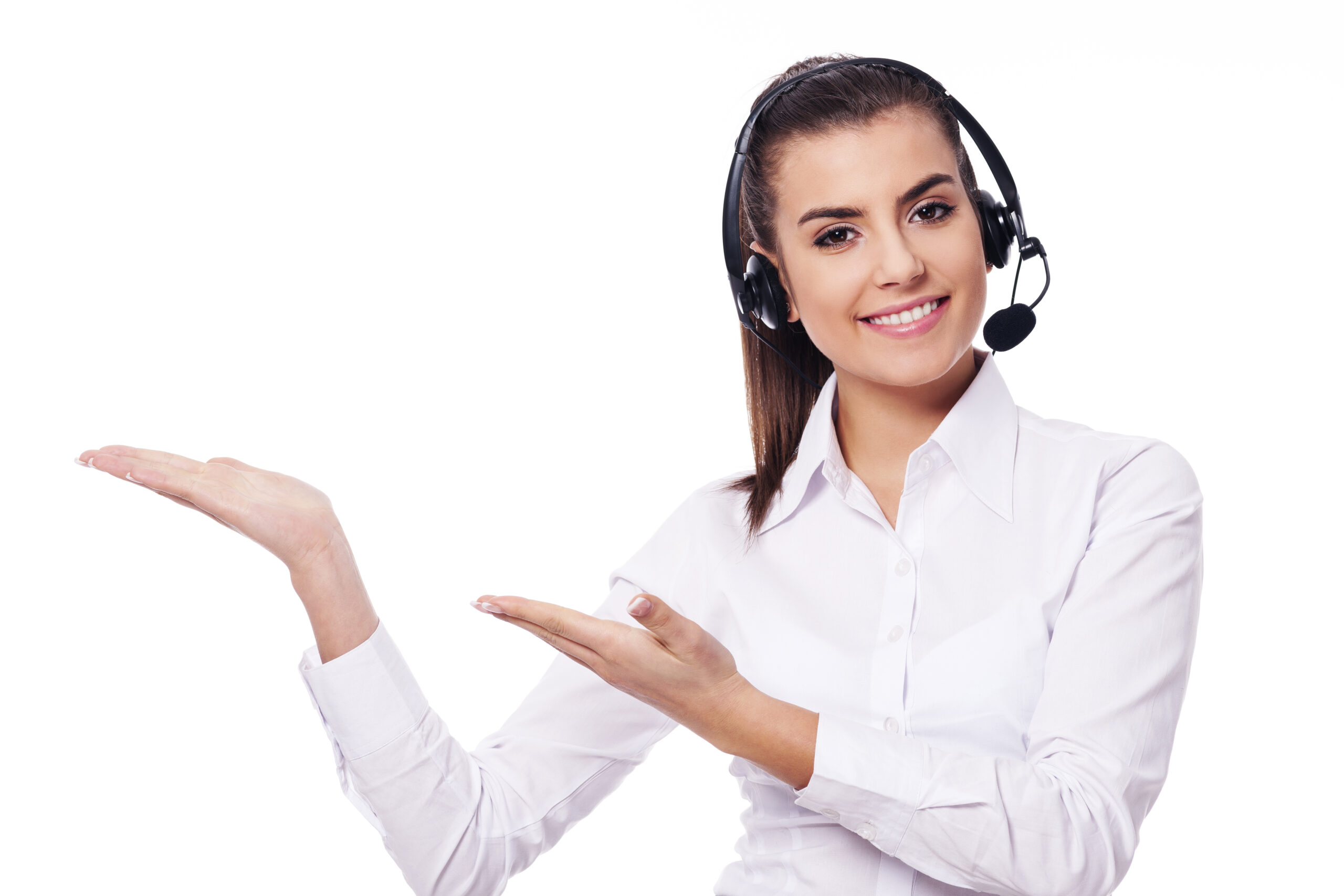 smiling woman in headset presentation something
